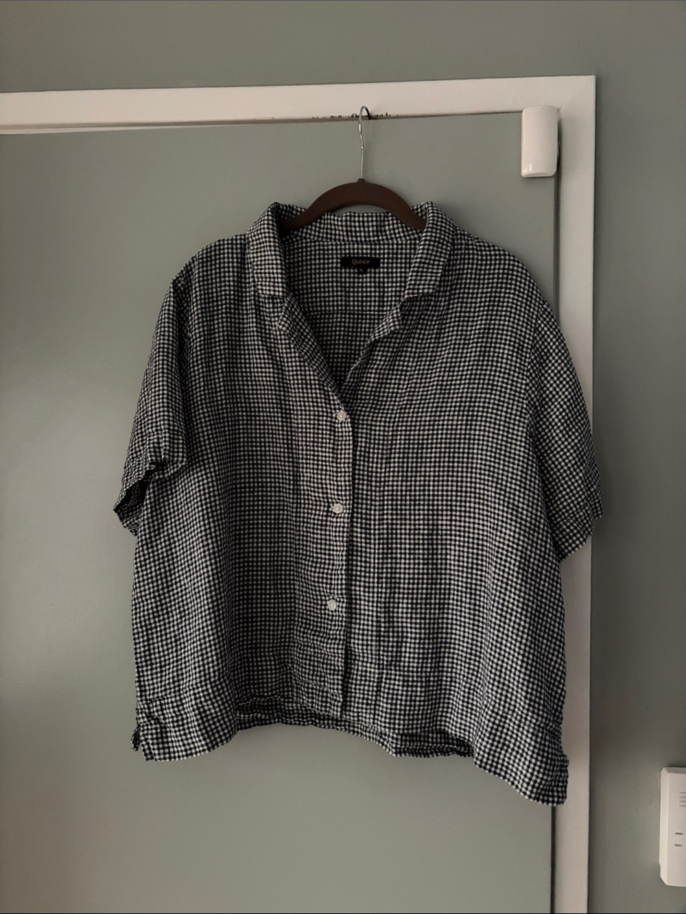Quince - women's button up linen shirt, checkered pattern, XL